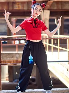 Escenario desgaste niños hip hop traje de baile niñas estilo chino tops rojos pantalones negros traje de rendimiento verano calle rave ropa BL8213