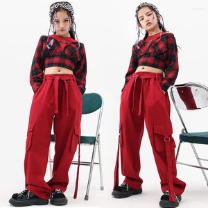 Desgaste de la etapa Kpop Jazz Dance Costume Girls Red Tops Pants Hip Hop Performance Clothing Kids Street Concert Festival Outfit BL9874