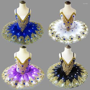 Desgaste de la etapa LED Light Girl Ballet Dance Dress Kids Fluffy Fluorescente Swan Lake Falda Night Club Child Tutu Costume 90