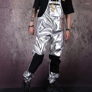 Stage Wear Hommes Streetwear Hip Hop Punk Argent Cuir Salopette Combinaison Pantalon Mâle Femme Mode Casual Bib Harem Pantalon Costume