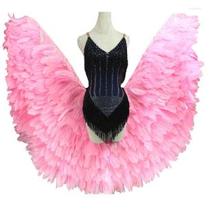 Desgaste de la etapa Pink Feather Latin Dance Costume Women Black Fringe Dress Salsa Performance Big Tail Skirt Grand Clothes BL5402