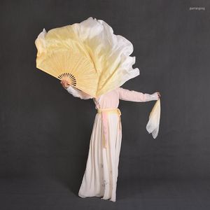Stage Wear Real Silk Veil 1 Pai Yangko Dancing Fan Bamboo Ribs Two Layers Half Moon Extra Long Flowy Dancer Performance Props Beige Gold