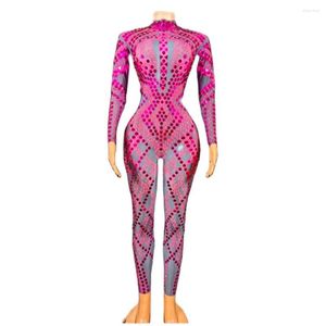 Stage Wear Rose Sparkly Sequin Jumpsuit Mode Spandex Stretch Shining Dance Costume One-piece Body Discothèque Outfit Party Leggings