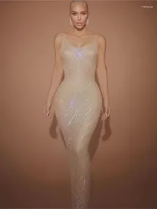Stage Wear Vente Celebrity Kardashian Sexy Gaze Mesh Diamant Clouté Sans Manches Ajustement Serré Jupe Longue Robe De Tapis Rouge