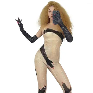 Vêtements de scène Paillettes Mains noires Imprimé Combinaison Gants Sexy Performance Costume Chanteur Danseur Spectacle Fête Anniversaire Tenue