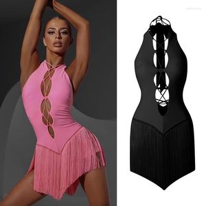 Stage Wear Sexy évider robe de danse latine femmes rose noir frange adulte pratique vêtements Cha Costume compétition