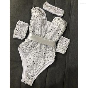 Stage Wear Sexy Low Chest Silver Sequin Body Collants Discothèque Bar Performance Vêtements DJ Dancer Team Show Gogo Dance Costume