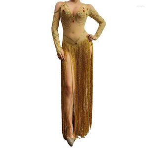 Stage Wear Sexy Mesh Gold Tassel Dress Party Strass Franges Anniversaire Célébrer Outfit Dance Costume Bar Teams Show Performance