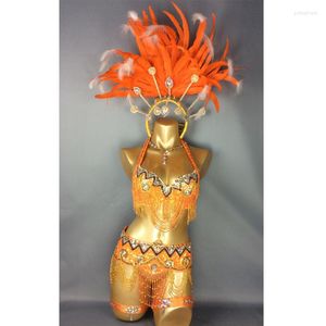 Desgaste de la etapa Sexy Samba Rio Carnival Costume Beaded Sequins Danza del vientre con pluma naranja Head Piece Outfit