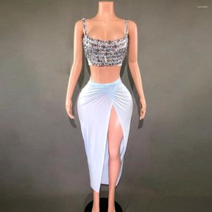 Wearging Scarkly Rimestones Crop Tops High Split Jirt For Women Evening Party Birthday Po Shoot Dress Singer Dancer Show