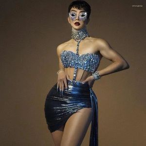 Etapa desgaste brillante diamantes de imitación falda superior dos piezas conjunto para mujeres sexy celebrar noche fiesta cumpleaños pografía disparar vestido