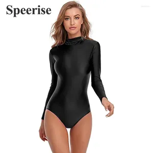 Etapa desgaste Speerise adulto brillante nylon gimnasia leotardo traje de danza body mujeres ballet cuello alto ropa spandex manga larga clásico