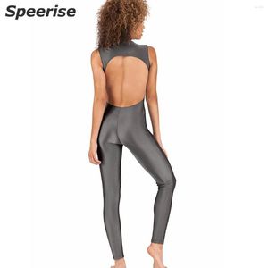 Stage Wear Speersie Femmes Mock Neck One Piece Yoga Costume Dos Nu Ballet Spandex Unitard Gymnastique Sans Manches Body Gym Naked-feel