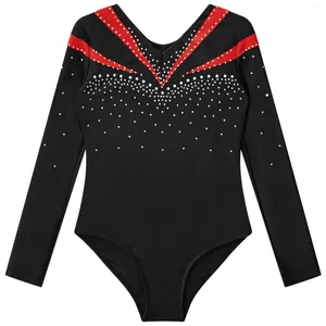 Stage Wear Teens Gymnastique Combinaison Pour Filles Enfants À Manches Longues Brillant Strass Figure Patinage Sur Glace Body Enfants Ballet Danse Justaucorps