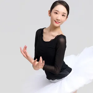 Stage Wear Blanc Noir Élastique Maille À Volants À Manches Longues Ballet Pratique Justaucorps T-shirt Danse Classique Top Ballerine Adulte T-shirts