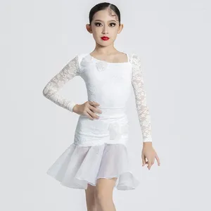 Escenario desgaste mangas de encaje blanco vestido de baile latino niñas samba chacha rendimiento ropa de baile niños competencia dancw vestidos SL9683