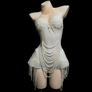 Stage Wear White Pearls Beading Bodysuit Jazz Dance Costume Evening Nightclub Bar Show Prom Birthday Outfit Women Singer ClothesSt292V