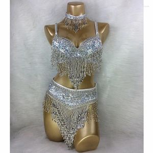 STAGE USE Costume de danse de ventre en gros 3pcs Set Bra Bell Collier Goldsilver blanc 4 couleurs # TF201 34D / DD 36D / DD 38 / D / DD 40B / C / D 42D / DD