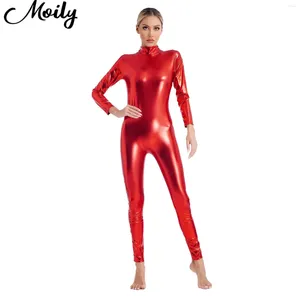 Portez des femmes unitard métalliques haut de cou high cou brillant mince silhouette catsuit à manches longues bodySuit à fermeture éclair à la ferme