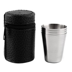 Juego de tazas con cubierta de vaso de acero inoxidable, 30ML, portátil, para acampar, senderismo, té plegable, taza de cerveza y café, 4 unidades/juego