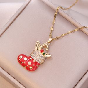 Colliers de Noël en acier inoxydable émail rouge chaussette pendentif collier pour femmes hommes enfants bonne année chaîne bijoux cadeaux en gros YMN093