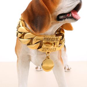Cadena de perro de acero inoxidable Collar de perro mascota mediano grande Collar de etiqueta de medalla Cadena cubana enorme Correa de perro grande 690 g Peso pesado 31 mm 18.8 pulgadas (48 cm) Chapado en oro