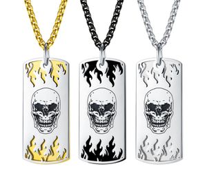 Étiquettes de chien en acier inoxydable colliers de crâne de flamme pour hommes pendentif chaîne Rolo 3mm 24 pouces bijoux en or noir argent