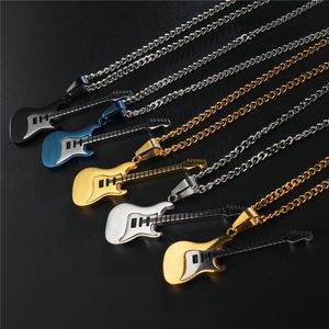 Collares de guitarra de acero inoxidable para hombres, mujeres, regalos para amantes de la música, color negro, dorado, azul, plateado, colgante, collar de cadena de eslabones, moda Hip Hop