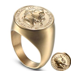 Anillo de escultura de cabeza de Napoleón de acero inoxidable Oro Sólido Hombres EE. UU. Tamaño estándar 7 8 9 10 11 12 13 14 Letra tridimensional Extra 281k