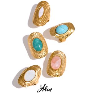 Anillo hiperbólico de acero inoxidable con piedra Natural, rosa, verde, turquesa, para mujer, estilo bohemio, ajustable, joyería grande de verano