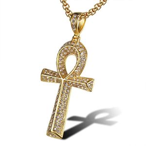Collares colgantes de acero inoxidable Chapado en oro Hombres Mujeres Full Diamond Egipcio Anka Life Key link Chain joyería