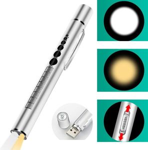 Lampe de poche portative de stylo de source de lumière médicale de charge d'usb d'acier inoxydable a mené des lumières blanches jaunes de stylo de lumière avec la jauge d'élève pour l'infirmière médecin médical