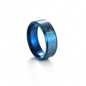 Acier inoxydable écriture croix anneau bande lettre bleu noir Bible anneaux doigt pour femmes hommes bijoux de mode chrétienne