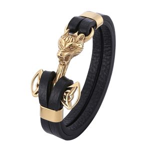 Pulsera de encanto de anclaje de lobo de acero inoxidable Pulsera de cuero negro con múltiples capas Hombres Pulseras Joyas