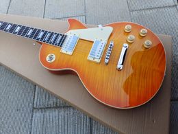 Guitarra eléctrica estándar, patrón de tigre naranja, accesorios plateados, hecha de madera importada, envío rápido