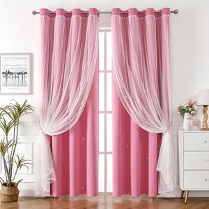 Star Curtain for Girls Bedroom Blackout Curtain Double Layer Sheer Overlay with Bowknot Lace for Kids Room Decor Princess Star 240106