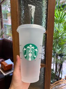Starbucks Mug 24oz / 710ml Vaso de plástico Reutilizable Negro Beber Copa de fondo plano Forma de pilar Tapa Paja 100PCS enviado por DHL