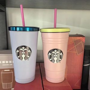 Taza de paja de diseño Taza de aislamiento de acero inoxidable de tres líneas de doble capa Taza de café portátil Taza de café de pájaro rosa Taza de agua linda para estudiantes