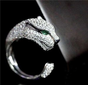 Starry Ring Love Anneaux 925 Silver Micro Inlaid With Diamond Green Eyed Cheetah Head Open Ring Mens Luxury Mens and Womens Domineering Gift Platinum