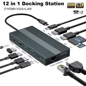 Stations 12 en 1 Dual Monitor Typec Hub Triple Display Agking Station avec 2 HDMI VGA 4K Gigabit Ethernet Typec PD SD / TF 3,5 mm Adaptateur