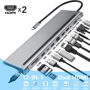 Stations USB C Dock Dock Dual HDMICOMPATIBLE VGA USB Hub Adapter Type C Station d'accueil pour ordinateur portable pour HP Elitebook Dell XPS Lenovo Thinkpad Asus