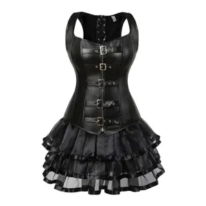 Steampunk Lace Up Back Waist Trainer Body Shaper Hebilla Bustier Overbust Corset Dress Corsés de cuero de imitación Mini falda Tutu Plus Bustiers