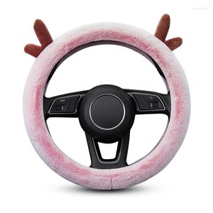 Cubiertas del volante Cute Antlers Winter Thicken Short Plush Car Cover Universal Warm Fluffy Braid Fácil de instalar