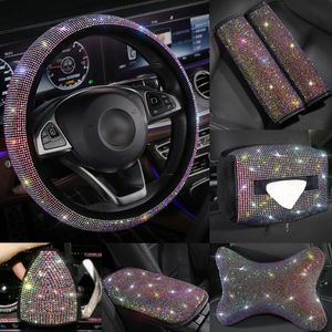 Cubiertas del volante Moda Interior Accesorios para automóviles Mujeres Rhinestone Reposacabezas Reposabrazos Cubierta Hombro Pad Fuzzy Crystal Kit