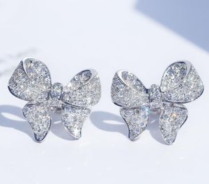 S925 Plata esterlina Love Bow Bowknot Designer Stud Pendientes Cristal brillante Lujo CZ Bling Diamond Stone Pendientes lindos Pendiente Oreja Anillos Joyas para mujeres