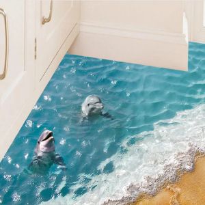 Pegatinas 3D Océano Agitando Agua Azul Mar Playa Delfín Estrella De Mar Habitación Pegatinas De Pared Para Niños Dormitorio Decoración Impermeable Piso Murales Baño