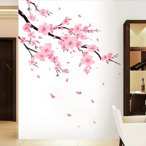 Autocollants muraux en forme de fleur de pêcher rose, belle branche d'arbre, décoration de fond de salon, papier peint, décoration de maison, sparadrap d'art