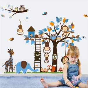 Autocollants dessin animé hibou singe écureuil arbre mural autocollant de la chambre d'enfant décoration murale mural auto-adhésif vinyle de décalage