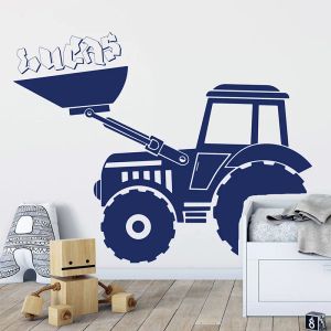 Pegatinas con nombre personalizado, pegatina de pared de Tractor de construcción, nombre personalizado, camión, grúa, calcomanía de pared, guardería, habitación de niños, vinilo, decoración del hogar