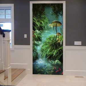 Autocollants fantaisie forêt porte autocollants vert bois ruisseau champignon porte décalcomanie monde magique mural papier peint affiche salon chambre décor